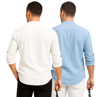 Deelmo Combo Of MenS Cotton Blend Solid Regular Fit Full Sleeve Short Kurta | MenS Trendy Short Kurta Pack Of 2