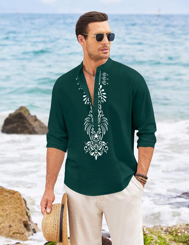 Finivo Fashion MenS Cotton Blend Short Kurta With Bold Printed Front Design | Full Sleeve Ethnic Casual Kurta With Mandarin Coll
