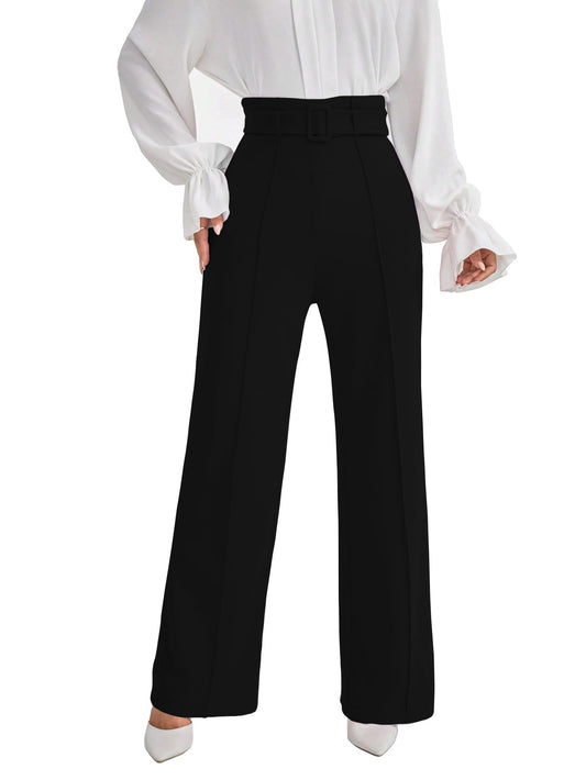 Shasmi Womens Elegant Black Solid Color High Waisted Belted Toothpick Stripe Design Straight Loose Casual Women Pants, Minimali