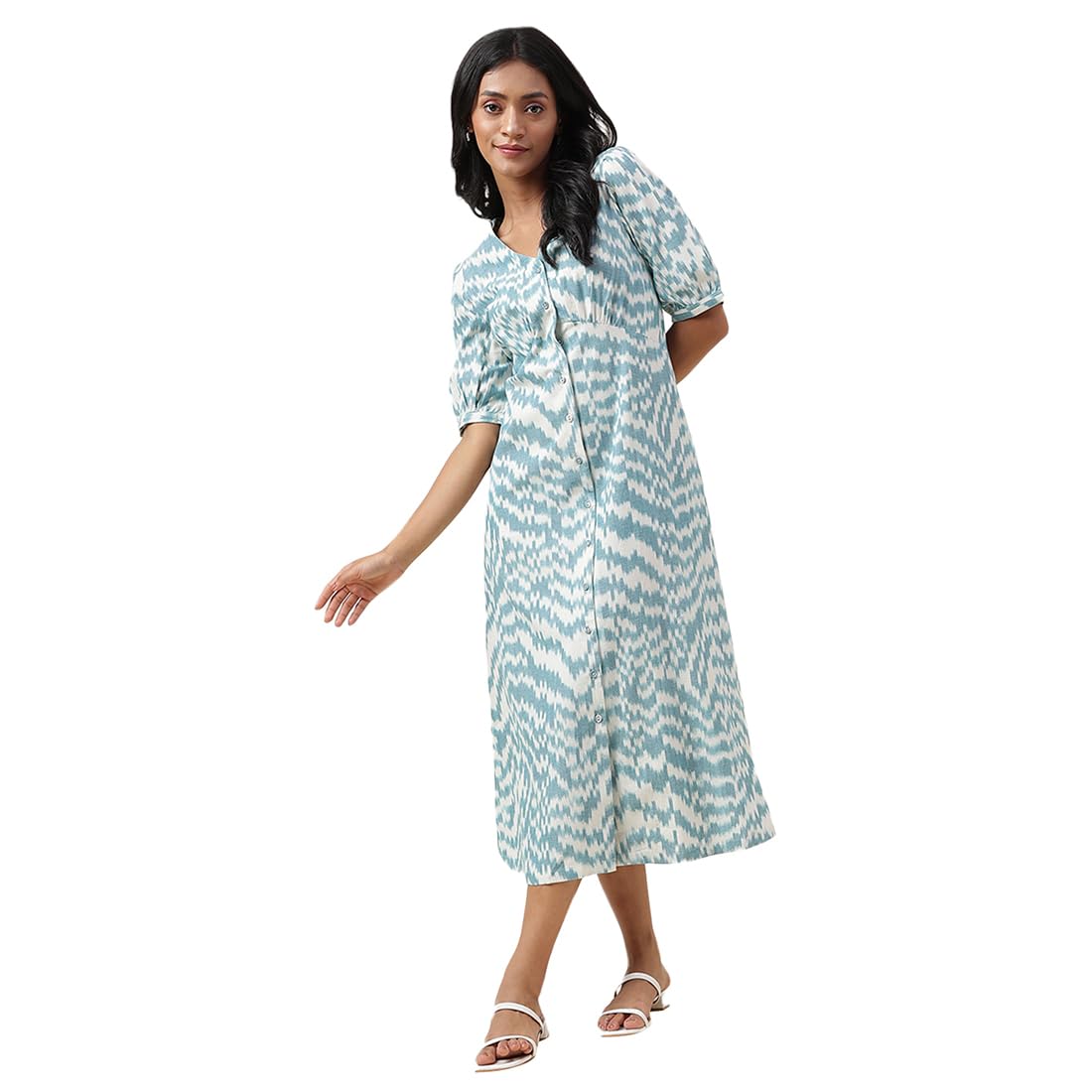 Fabindia Women's White Cotton Printed Midi Dress Calf Length 1030621WHITE- Blue
