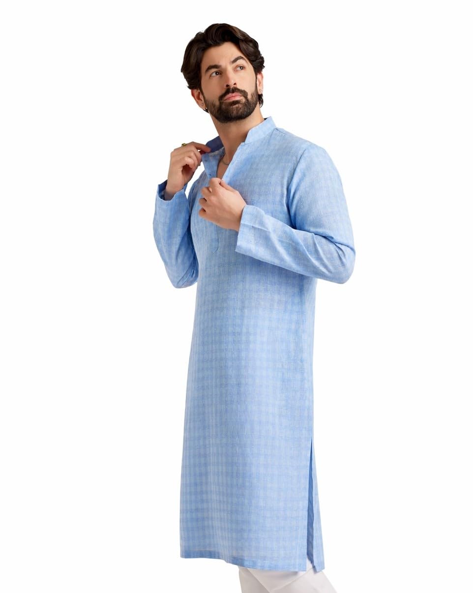SOJANYA (Since 1958 Men's Cotton Linen Blue Checked ONLY Long Kurta Size: 40
