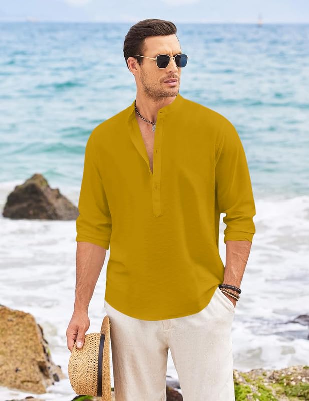 Macsivo MenS Casual Cotton Polyester Blend Long Sleeve Henley Short Kurta | Lightweight Summer Kurta Gold