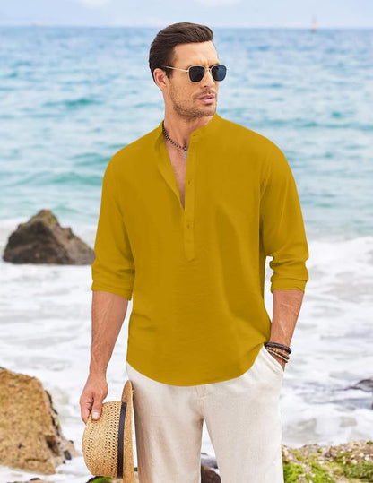 Macsivo MenS Cotton Polyester Henley Short Kurta With Mandarin Collar Long Sleeeve Button Closure Curved Hem Regular Fit | Kurt