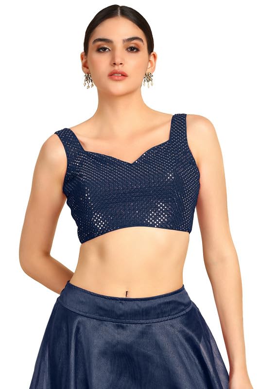 Soch Womens Navy Blue Sequinned Sweetheart Neck Georgette Padded Blouse