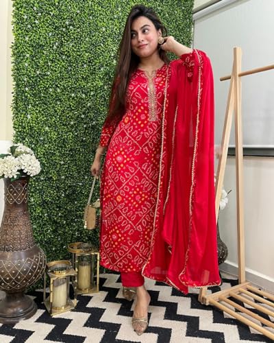 GoSriKi Women's Kurta with Trousers & Dupatta, Bandhej Print, Rayon Blend, Size 48, Red, Model TURAE-RED-GS