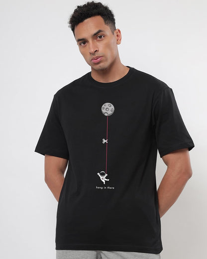 Bewakoof Mens Hangin Astronaut Graphic Printed 100% Cotton T-Shirt - Oversized Fit, Round Neck, Half Sleeves Black