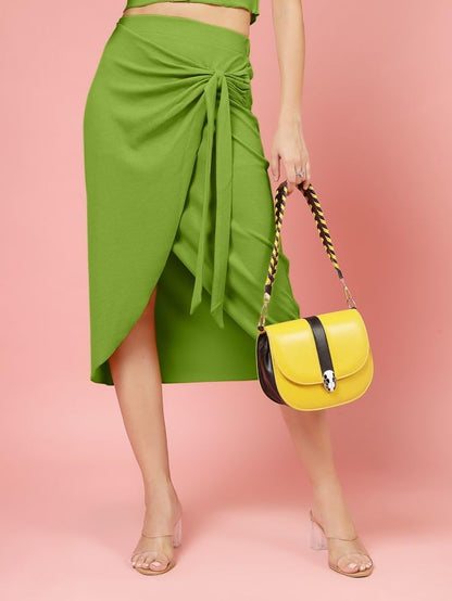OOMPH! Stertchable Ribbed Wraparound Lycra Skirt for Women Green - msk093