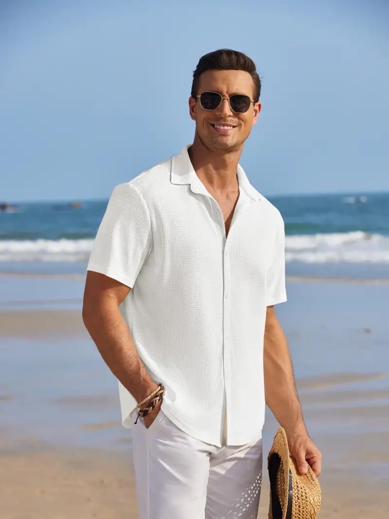 CB-COLEBROOK Mens Waffle Knit Textured Button-Down Wrinkle Free Casual Shirts, Short Sleeves, Summer Beach Tops (in, Alpha, XL,