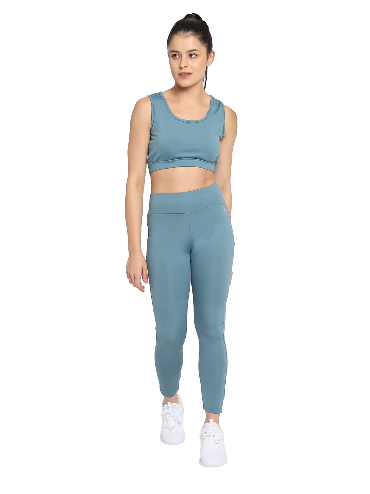 Clovia Womens High-Rise Ankle-Length Tights & Padded Non-Wired Sports Bra with Removable Pads (COMBAT119_Blue_L)