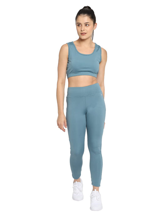Clovia Womens High-Rise Ankle-Length Tights & Padded Non-Wired Sports Bra with Removable Pads (COMBAT119_Blue_L)