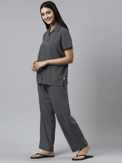 Enamor Essentials Relaxed Fit Modal Short Sleeve Printed Shirt & Mid Rise Pant Slounge Set for Womens-EC17 (EC17_Black Geo AOP_X