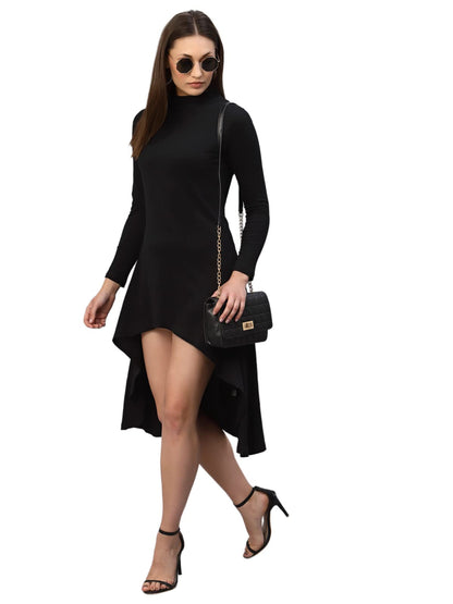 Rigo Women Black High-Low Full Sleeve Round Neck Dress