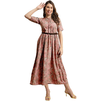 Preneum WomenS Georgette Floral Printed 3/4 Slevees A-Line Fit & Flare Gown With Beltindo-Western Ethnic Gown || A-Line Maxi Dr