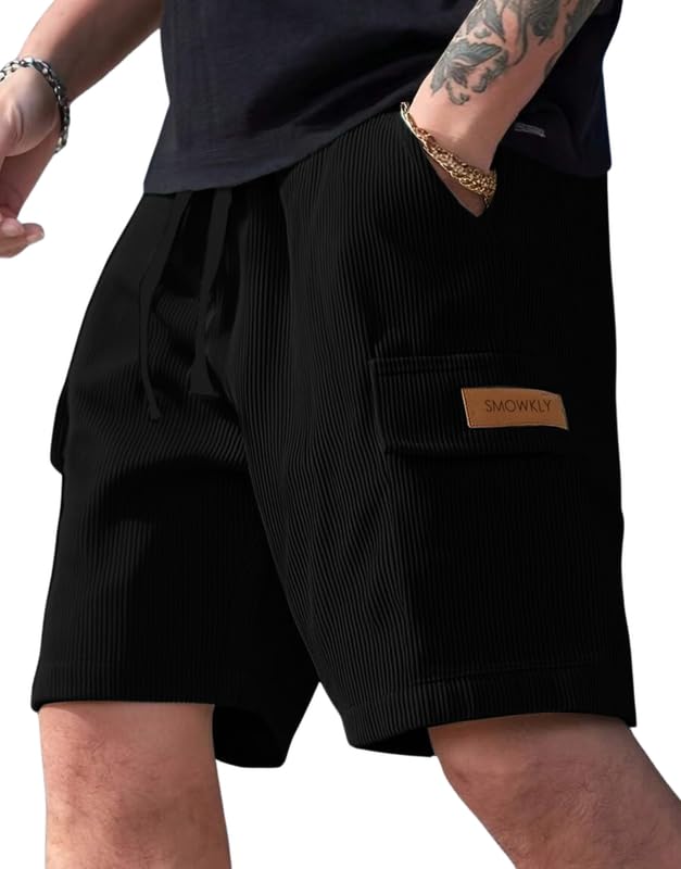 SMOWKLY Authentics Classic Mens Ribbed Polycotton Relaxed Fit Cargo Stretch Shorts || Half Pant with Drawstring & 4 Pockets ||