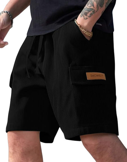 SMOWKLY Authentics Classic Mens Ribbed Polycotton Relaxed Fit Cargo Stretch Shorts || Half Pant with Drawstring & 4 Pockets ||