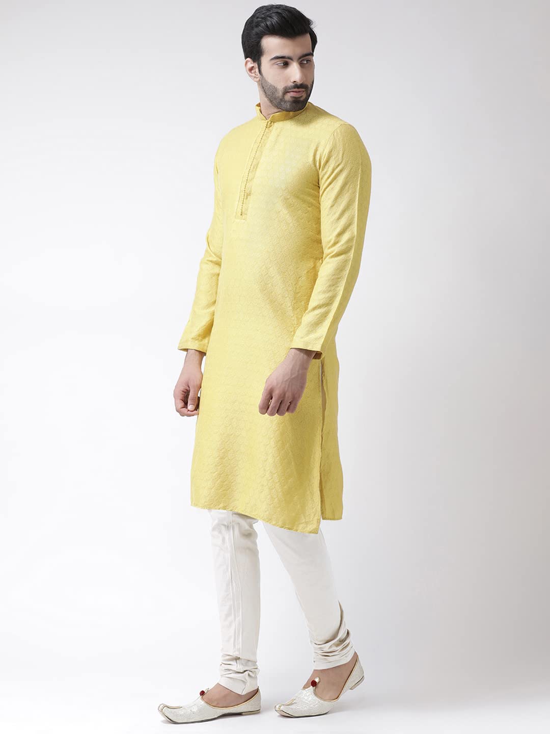 Kisah Men Yellow White Self Design Kurta With Churidar, Full Sleaves, Knee Length, Straight, Regular Fit, Mandarin Collar Ethnic