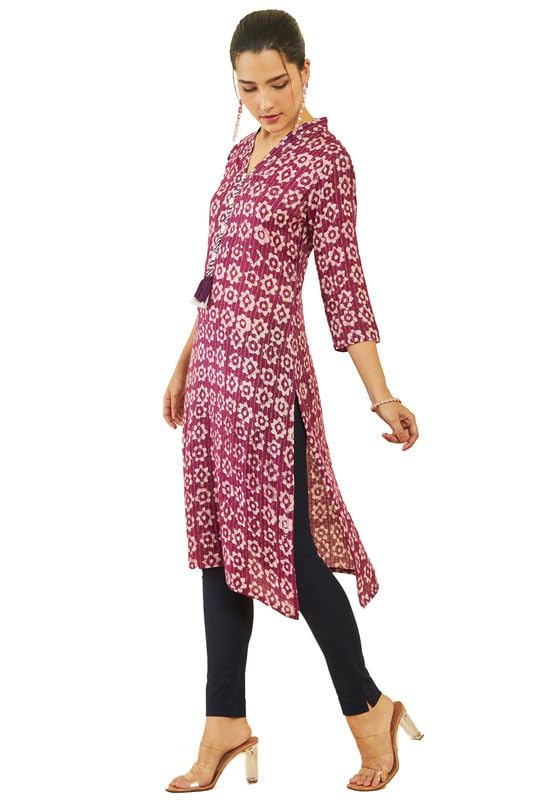 Soch Womens Wine Viscose Floral Batik Print V-Neck Straight Kurta
