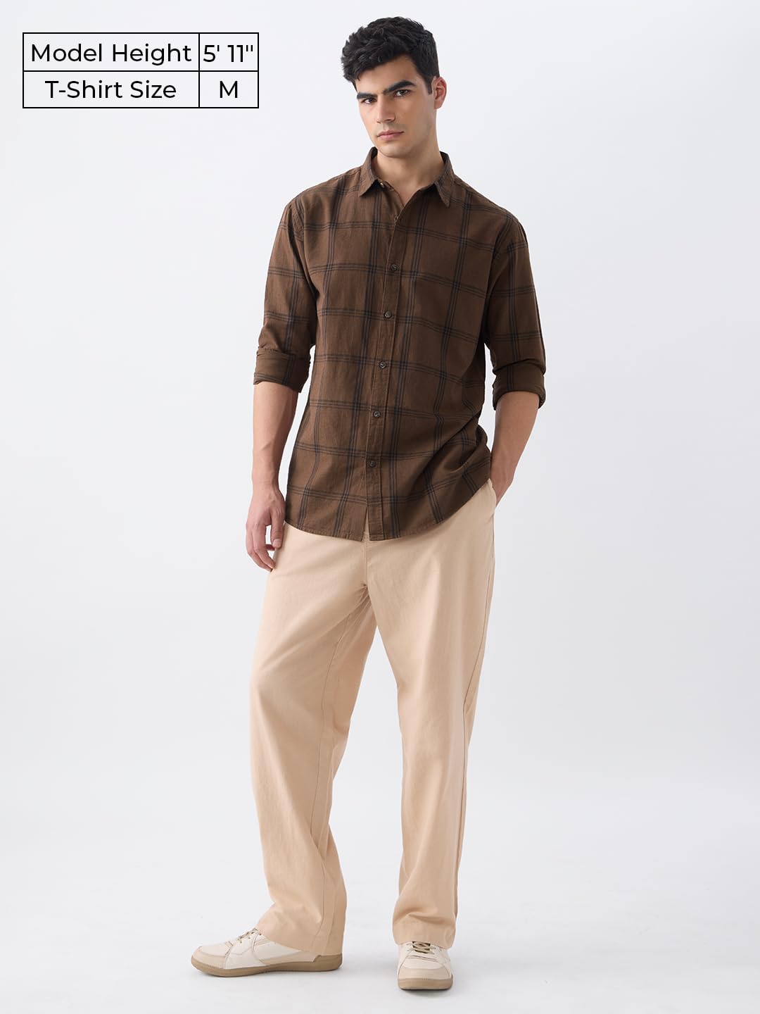 The Souled Store Cotton Linen Checks: Desert Men and Boys Long Sleeve Collared Neck Button Front Regular Fit Cotton Linen Shirts