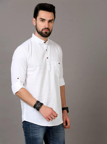 Deemoon MenS Cotton Blend Full Sleeve Short Kurta With Mandarin Collar Crafted From A Premium Cotton Blend White
