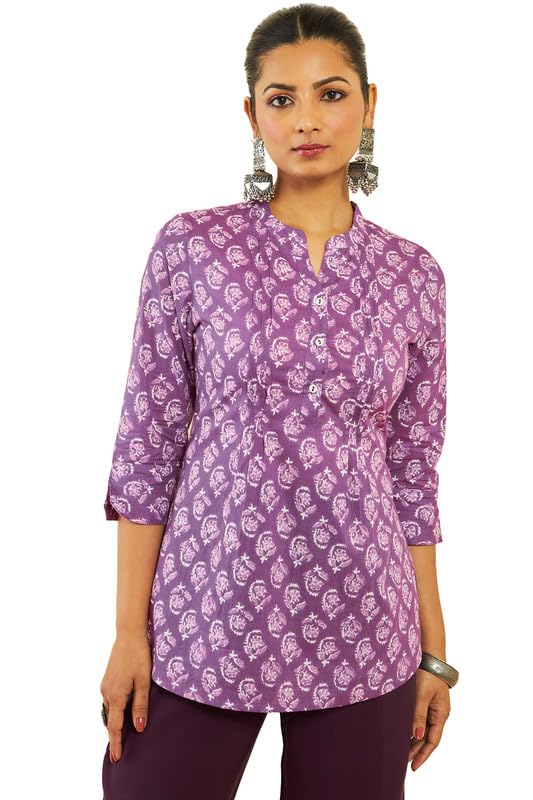 Soch Womens Purple Cotton Tunic with Floral Print and Pin Tucks