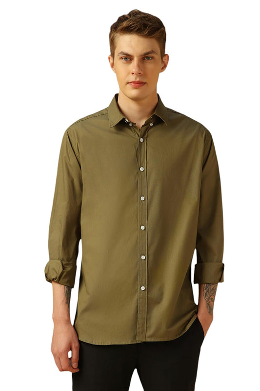 Dennis Lingo MenS Lt Olive Full Sleeve Spread Collar Solid Regular Fit Casual Shirt