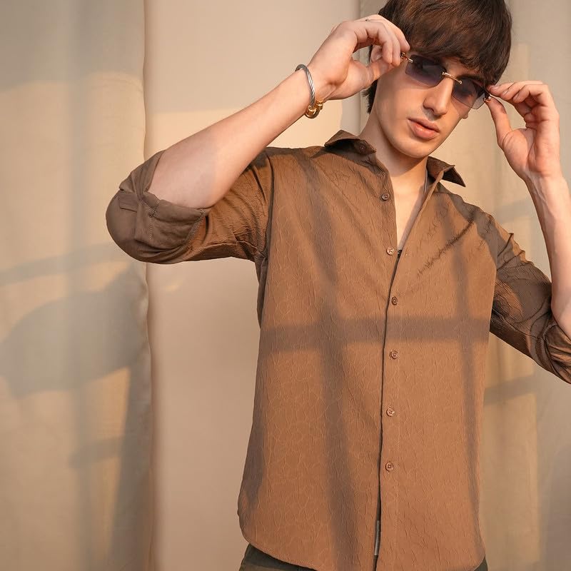 Campus Sutra Mens Ash Brown Veined-Textured Shirt | Casual Wear | Spread Collar | Long Sleeve | Button Closure | Shirt Crafted