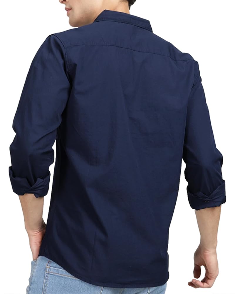 Noble Monk MenS Regular Fit Casual Shirt |Full Sleeve| Polo Neck |Formal Shirts For Men Navy Blue