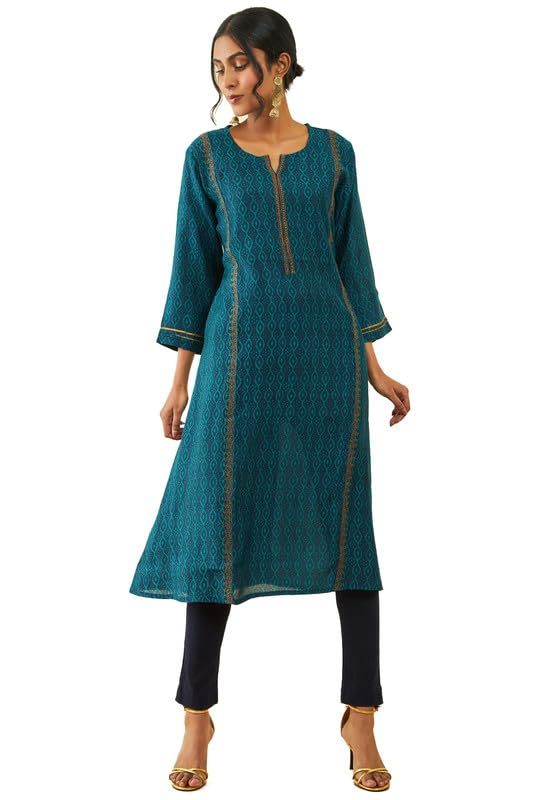 Soch Womens Navy Blue Muslin Printed A-Line Kurta With Zari Embroidery Details
