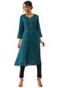 Soch Womens Navy Blue Muslin Printed A-Line Kurta With Zari Embroidery Details