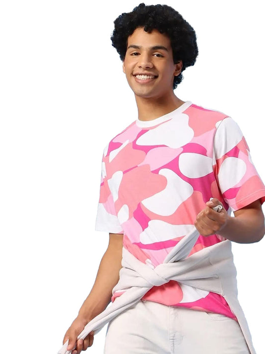 Bewakoof Mens All Over Printed 100% Cotton T-Shirt - Oversized Fit, Round Neck, Half Sleeves Pink