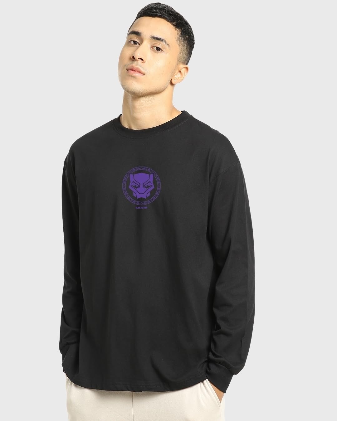 Bewakoof Mens Wakanda Forever 2.0 Graphic Print Black Round Neck Full Sleeve Oversized T-Shirt