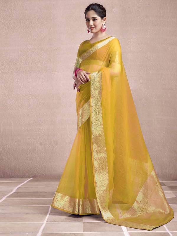 SAMAH Womens Woven Organza Saree (3644S425N_Yellow)