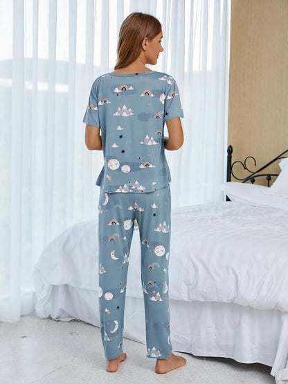 SMOWKLY Printed Round Neck Short Sleeve Night Suit Set for Women  Soft Pajama Set | Comfortable Cotton Blend Night Dress & Sleep