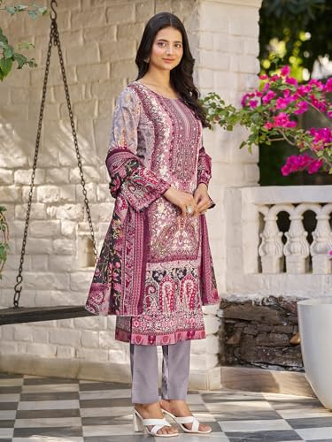 Varanga Women Ethnic Floral Mirror Embroidered Pakistani Kurta With Trouser & Dupatta