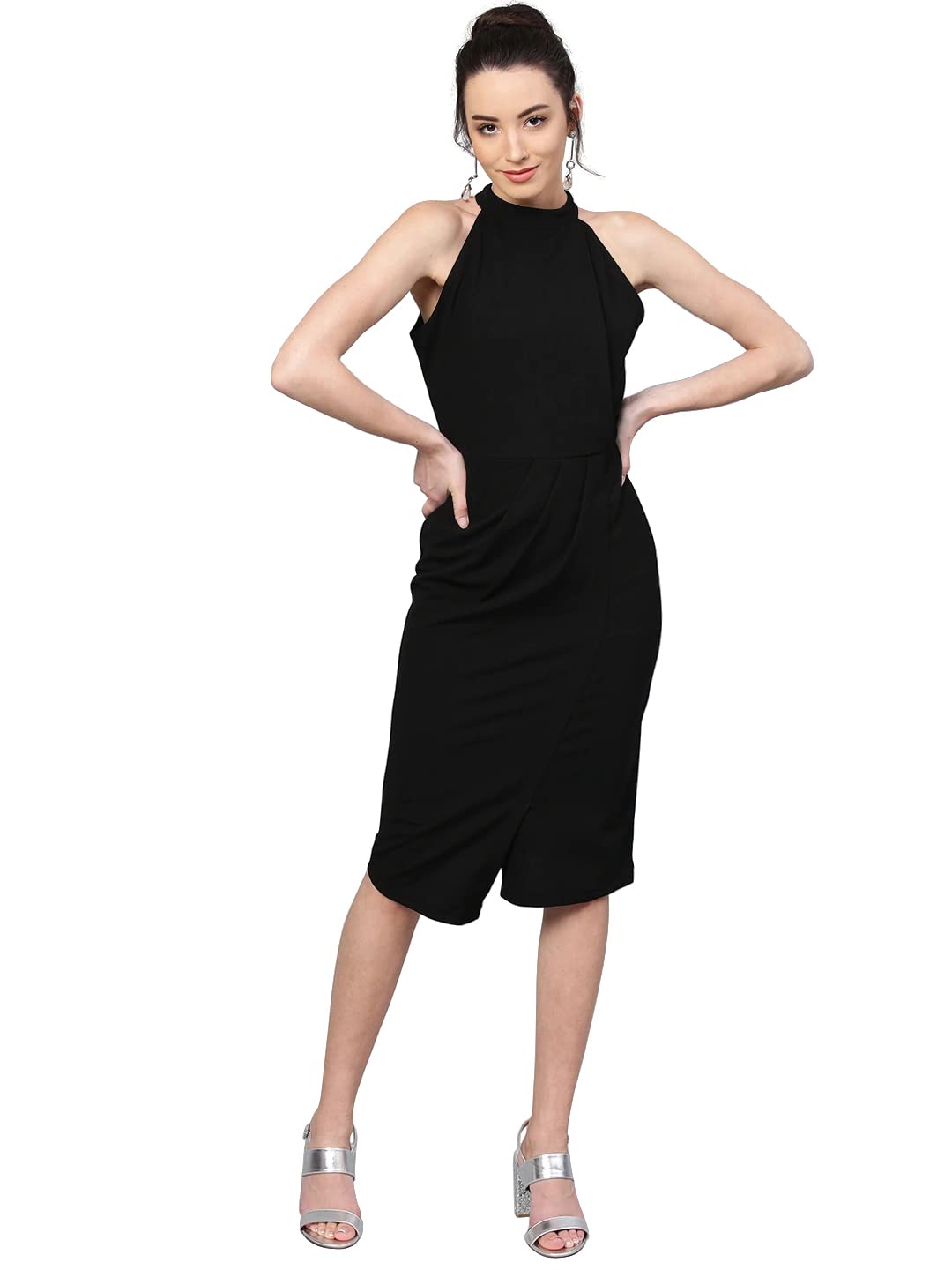 Shasmi Polyester Blend Bodycon Knee-Length WomenS Elegant Halter Neck Pleated Flounce Sleeveless Midi Dress (Dresses For Tops_B