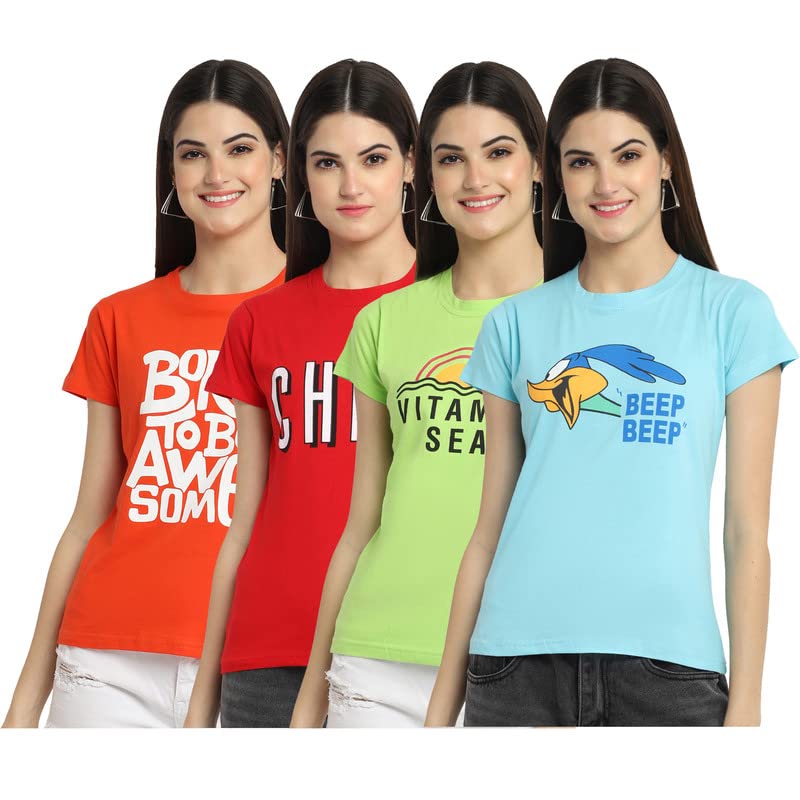 Preneum Womens Cotton Regular Fit Latest Graphic Stylish Printed Short Sleeves Casual T-Shirt || Trendy Designs & Stylish (Pack