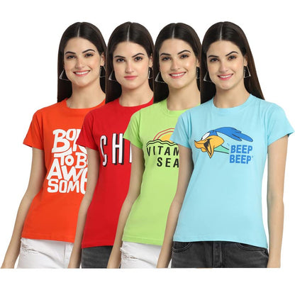Preneum Womens Cotton Regular Fit Latest Graphic Stylish Printed Short Sleeves Casual T-Shirt || Trendy Designs & Stylish (Pack