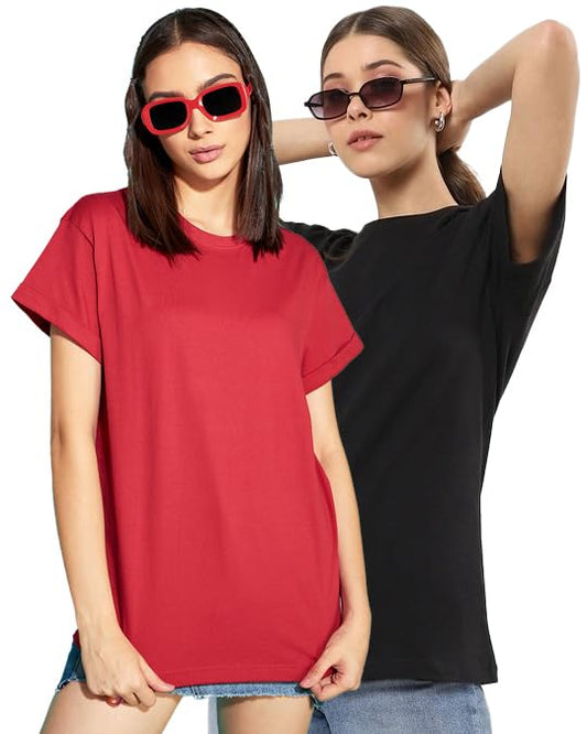 Bewakoof Womens Solid Boyfriend fit Half Sleeve Round Neck Cotton T-Shirt (Pack of 2)_568955_S