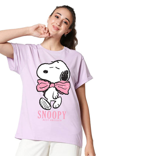 Bewakoof WomenS Snoopy Graphic Printed 100% Cotton T-Shirt - Boyfriend Fit, Round Neck, Half Sleeves