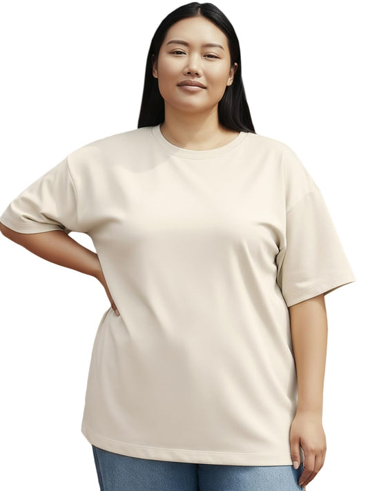 Bewakoof Heavy Duty 1.0 Womens Solid Oversized Fit Half Sleeve Round Neck Cotton Plus Size T-Shirt_659447_Beige_4XL