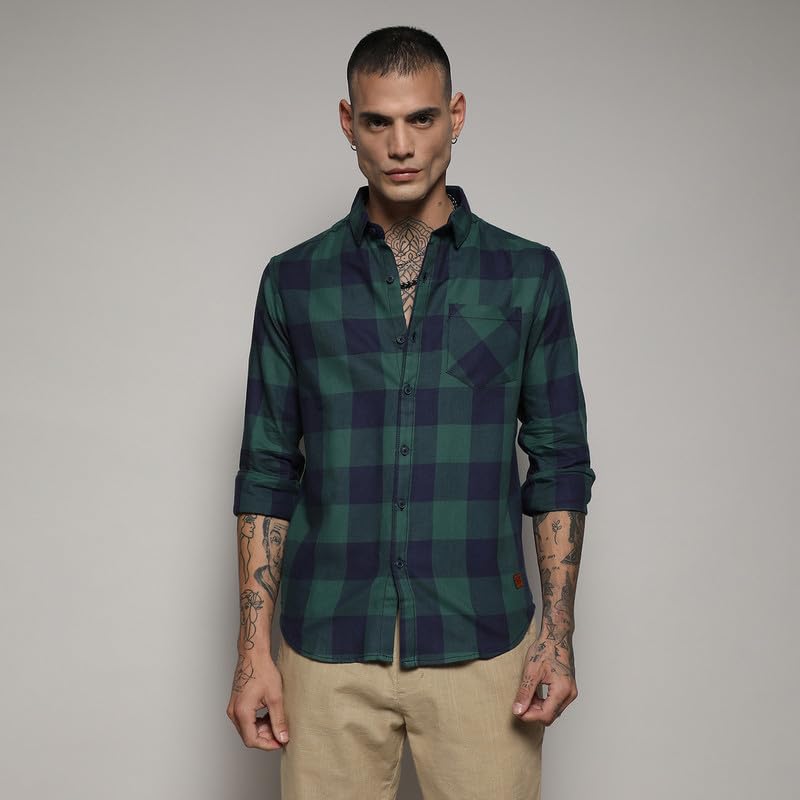 Campus Sutra Mens Navy Blue & Forest Green Buffalo Check Shirt for Casual Wear | Spread Collar | Long Sleeve | Button Closure |