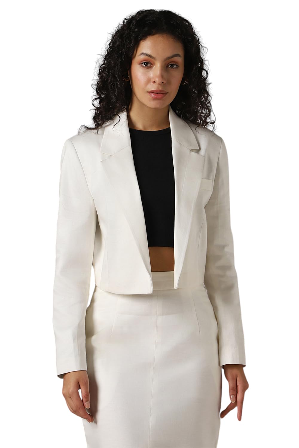 Hubberholme Women Solid-Crop Length Oversized Notch Lapel Collar Full Sleeve Blazer White