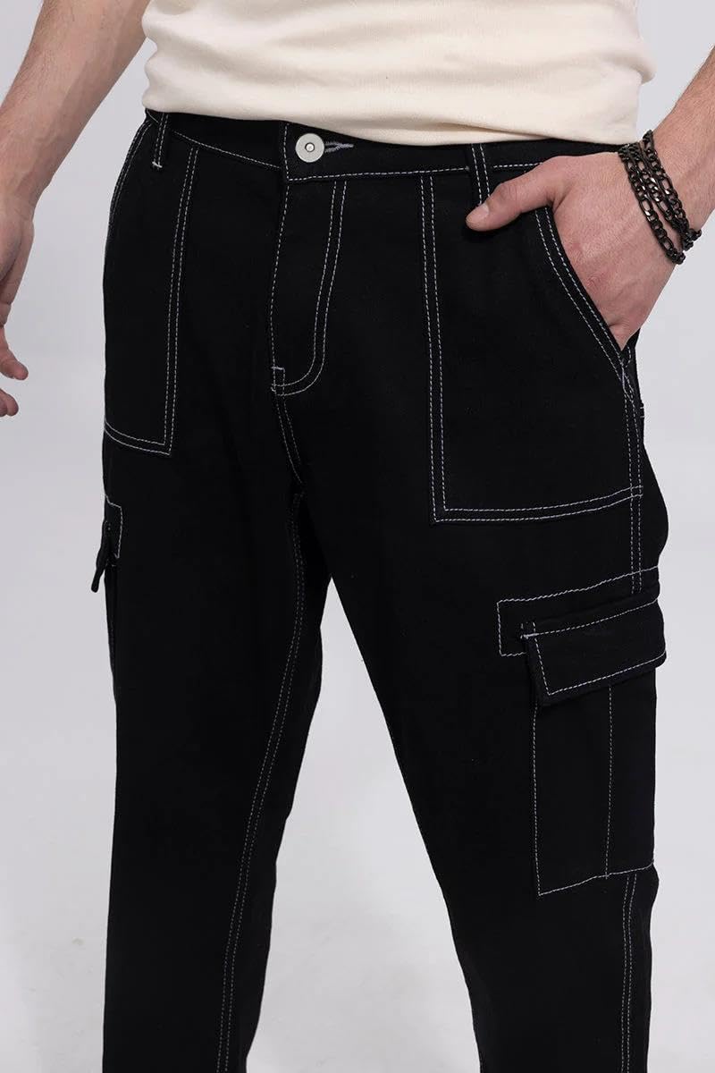 Kotty MenS Solid Mid Rise Straight Fit Stylish Looking Cargo Jeans(Black,32)