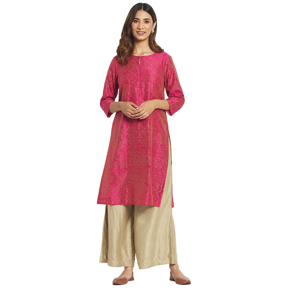 Fabindia Women Cotton Silk Hand Block Print Knee Length Kurta Pink_S