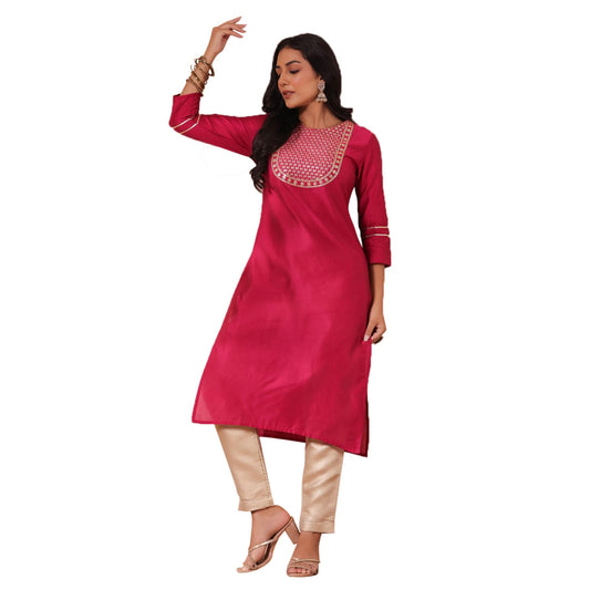 anubhutee Women's Fuchsia Yoke Design Zari Work Silk Blend Straight Kurta