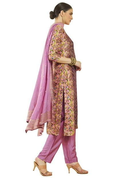 Soch Womens Magenta Brocade Bird Print And Zari Woven Suit Set With Dupatta