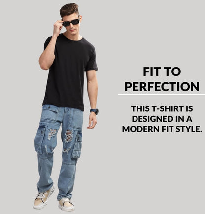 ADRO Men's Solid Regular Fit T-Shirt (RCM3-PLN-BL-BL-BL_Black