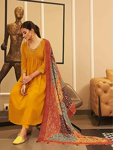 Womanista Women's Georgette Mustard Sequins with Mirror Work Alia Cut Kurta