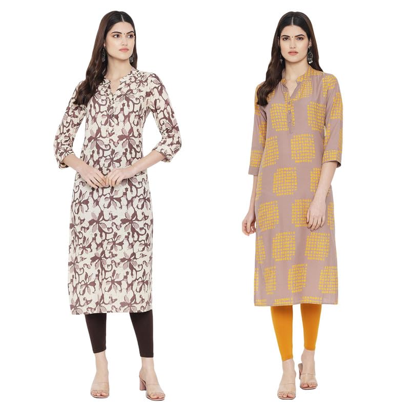 Pinkmint Women Cotton Printed Kurta Stylish Regulr Fit GirlS Combo Kurta Ll Regular Fit Combo Kurta (Pack Of 2) Cream-Orange