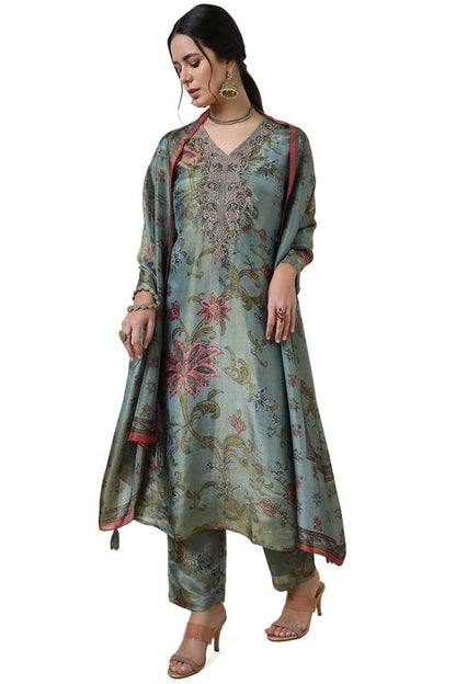 Soch Womens Sap Green Tissue Botanical Print Suit Set With Cutdana